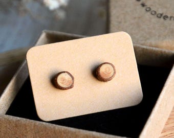 Tiny wood studs, Small 6 mm stud earrings, Minimalist raw nature earrings, Natural wood slices jewelry, Tree branch studs, Organic jewellery