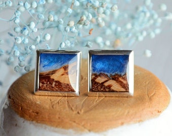 Square blue ocean ear studs, Aqua jewelry, Unique blue resin and wood jewelry with sterling silver