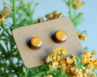 Mustard earrings studs, round yellow gold ear studs, fish scale earrings made from reclaimed wood, hand painted jewelry