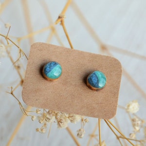Little turquoise blue stud earrings, Small wooden ear studs, Hand painted earrings in wooden jewelry box
