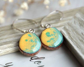 Long hand painted earrings - Blue yellow vivid dangle earrings - Wood and silver jewelry - Upcycled wood earrings