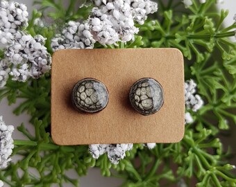 Black metallic earrings, Sterling silver and wood post earrings, Silver gray ear studs, Hand painted wooden jewelry