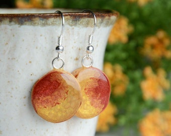 Warm colors dangle earrings, Hand painted red yellow jewelry made of wood and sterling silver, Red hair girl accessories