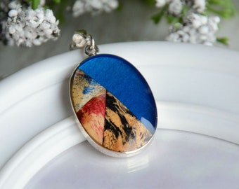 Blue oval pendant with resin, Unique mosaic wood pendant, Geometric wooden necklace in sterling silver, Wood jewelry for 5th anniversary