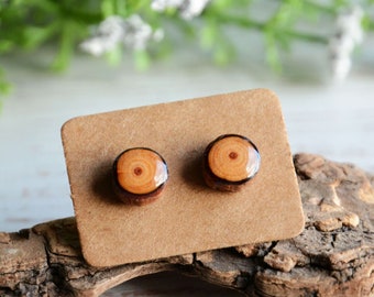 Minimal wooden earrings simple and natural with sterling silver posts, Reclaimed wood ear studs, eco friendly jewelry, Sustainable gift