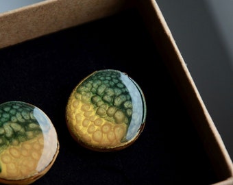 Large green yellow ear studs - Handpainted earrings XXL - Unique wooden studs earrings - Natural earrings forest woodland jewelry