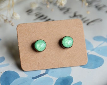 Small light green stud earrings with silver posts - Spring green jewelry hand painted on wood with a gift box