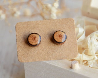 Small wooden earrings made from raw wood, Minimalist natural ear studs, Rustic woodland jewelry
