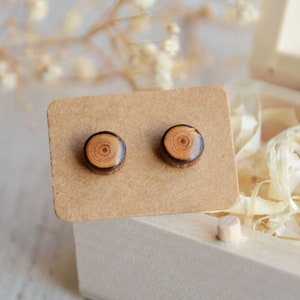 Small wooden earrings made from raw wood, Minimalist natural ear studs, Rustic woodland jewelry
