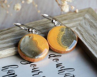 Yellow and gray hand painted earrings - Dangle wooden earrings with sterling silver wires - Gift for her