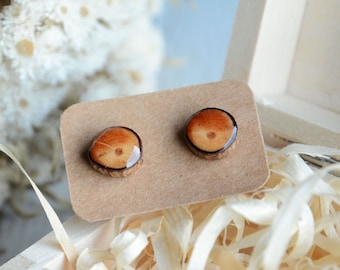 Wooden earrings, Pine wood ear studs, Natural jewelry made from tree branch by MyPieceOfWood, Naturalist forest jewelry