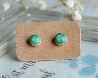Turquoise light blue ear studs, Sea green earrings painted on reclaimed wood with sterling silver posts