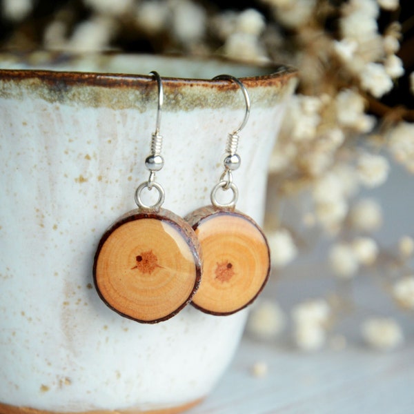 Dangle earrings made from reclaimed wood and sterling silver in wooden jewelry box - Forest girl gift idea - Woodland jewelry