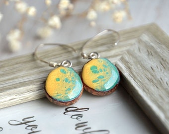 Long hand painted earrings - Blue yellow vivid dangle earrings - Wood and silver jewelry - Upcycled wood earrings