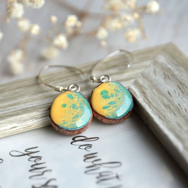 Long hand painted earrings - Blue yellow vivid dangle earrings - Wood and silver jewelry - Upcycled wood earrings