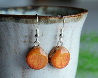 Sunny orange dangle earrings, Desert inspired earrings, Hand painted jewelry, Reclaimed timber and sterling silver, Abstract jewellery