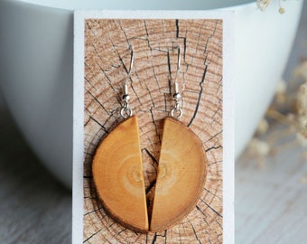 Wooden halves earrings - Wooden dangle earrings simple and natural - Sterling silver wire earrings - Earth tones forest jewelry