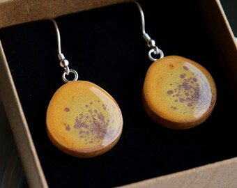 Yellow and purple hand painted earrings, Dangle wooden earrings with sterling silver wires, Gift for her