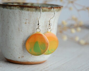 Green yellow dangle earrings hand painted on wood with sterling silver wires,  Unique and lightweight everyday boho earrings, Gift for her