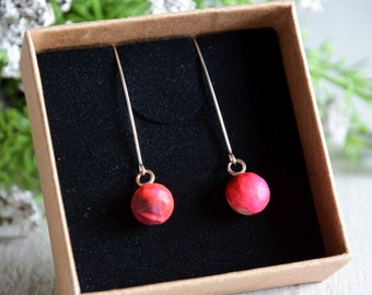 Pink ball dangle earrings, Pink wood jewelry, Long lightweight earrings with sterling silver wires,  Fish hook earrings