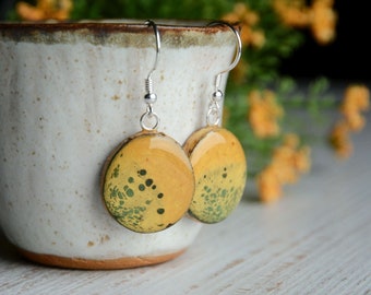 Green and Yellow Statement Earrings, Handmade Wooden Dangles with Sterling Silver Hooks, Boho Chic Handmade Earrings