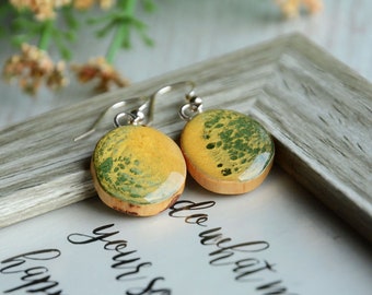 Hand-painted Green and Yellow Wooden Earrings with Sterling Silver Ear Wires - Unique and Lightweight Dangle Earrings for Everyday Wear