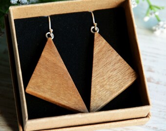 Triangle earrings, Wooden triangles, Large triangle dangle earrings with sterling silver, Statement Geometric earrings