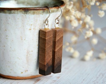 Simple wood earrings - Dangle wooden earrings with sterling silver wires - Bar earings - Free spirit jewelry