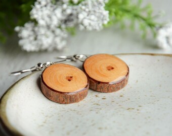 Wooden dangle earrings made from reclaimed wood and sterling silver, Woodland plant based jewelry made by nature