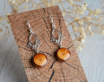 Long woodland dangle earrings with sterling silver, Wooden gift for her, Natural pine wood earrings, Wood jewelry in gift box