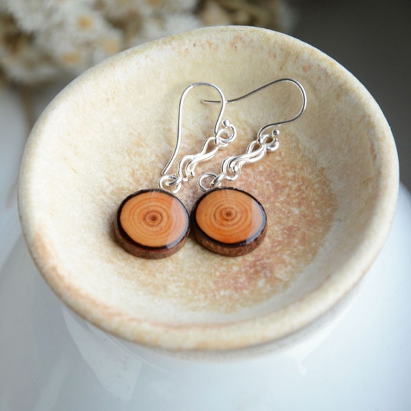 Wooden dangle earrings made from reclaimed wood and sterling silver, Woodland plant based jewelry made by nature