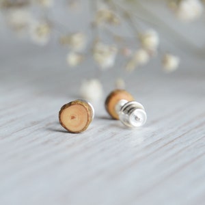 Tiny wooden ear studs made from natural tree branch and sterling silver, Minimalist raw mens earrings, Simple guy earrings