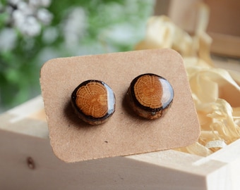 Oak wood stud earrings with tree bark and resin, Woodland wedding ear studs, Minimal natural jewelry from forest