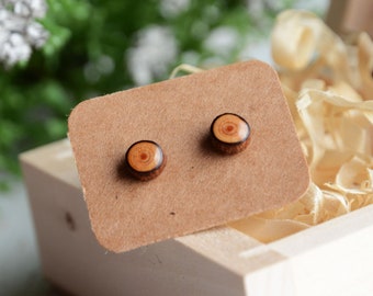 Tiny wood studs, 6 mm wooden ear studs, Natural minimalist earrings with sterling silver posts, Tree branch twig earrings