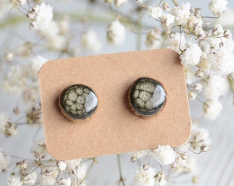 Black ear studs made from real wood and silver posts, Hand painted wooden jewelry