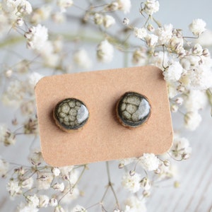 Black ear studs made from real wood and silver posts, Hand painted wooden jewelry