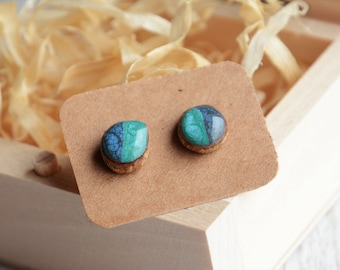 Blue wooden earrings made from reclaimed wood and sterling silver, Aqua jewellery in wooden gift box