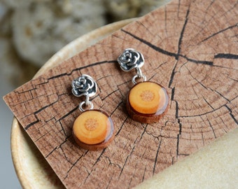 Wooden dangle earrings simple and natural, Sterling silver wire earrings, Earth tones jewelry handmade from reclaimed wood, Forest gift