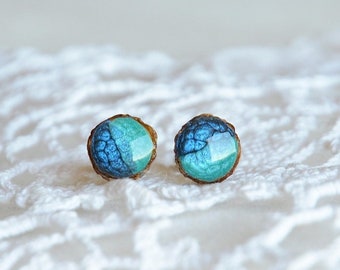 Shades of blue ocean earrings, tiny blue and teal up cycled wood ear studs made from recycled tree branch with sterling silver posts jewelry