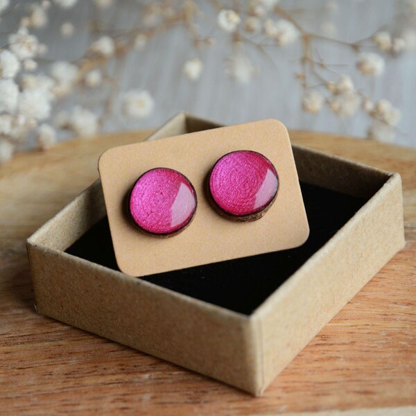 Ice pink ear studs, Recycled wood stud earrings, Hand painted sterling silver post earrings