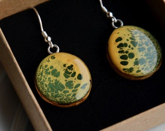 Hand-painted Green and Yellow Wooden Earrings with Sterling Silver Ear Wires - Unique and Lightweight Dangle Earrings for Everyday Wear