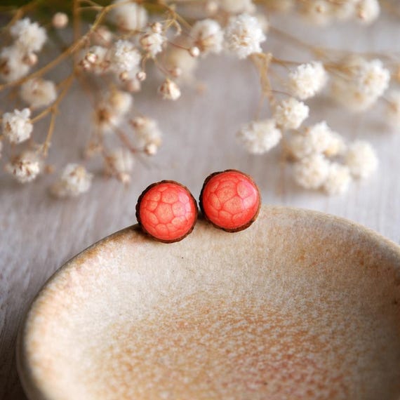 Red earrings, Hand painted red ear studs made from wood, Red post earrings, Upcycled wood jewelry stud earrings