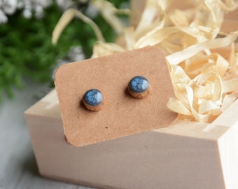 Dark blue earrings, Hand painted blue ear studs, Reclaimed timber and sterling silver jewelry, Gift wrapped jewelry