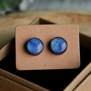 May include: A pair of round stud earrings with a blue, iridescent design. The earrings are set in a dark wood frame and are displayed on a tan card inside a brown box. The earrings are a jewelry item.