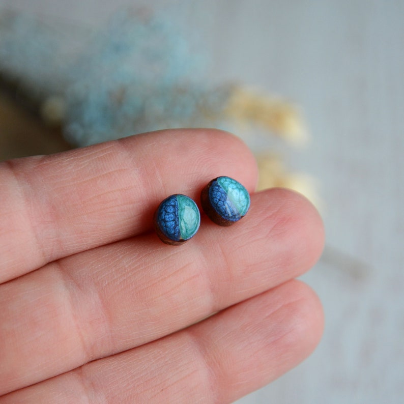 Shades of blue ocean earrings, tiny blue and teal up cycled wood ear studs made from recycled tree branch with sterling silver posts jewelry image 6