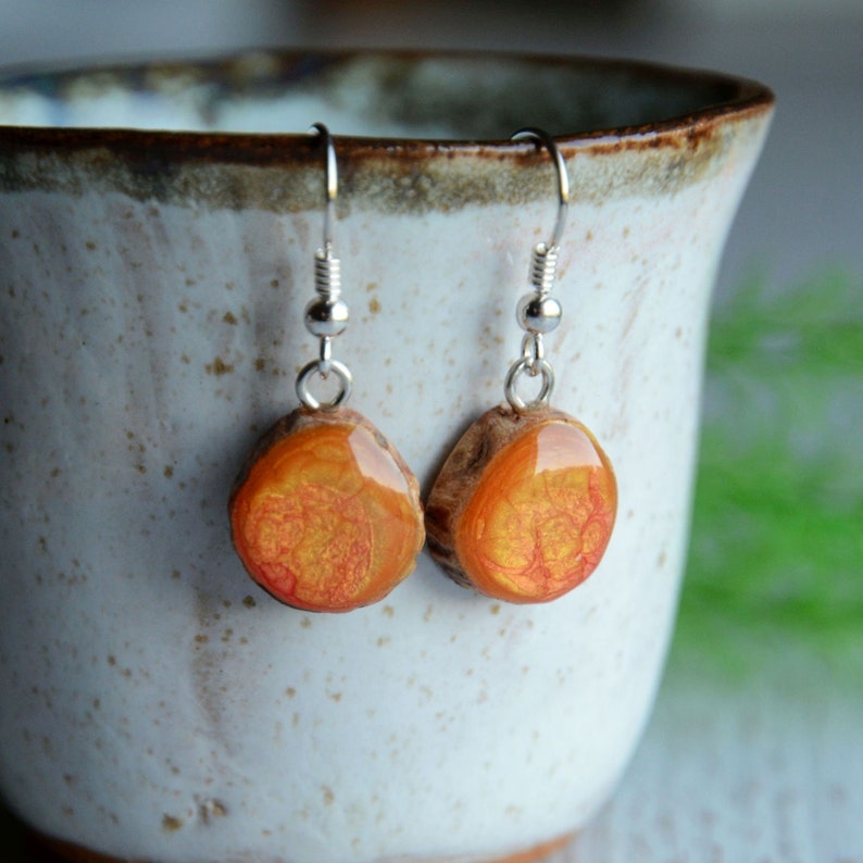 Sunny orange dangle earrings, Desert inspired earrings, Hand painted jewelry, Reclaimed timber and sterling silver, Abstract jewellery image 1