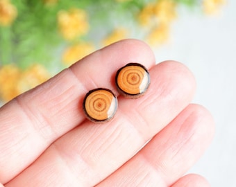 Wooden studs earrings made from natural larch wood, Up cycled jewelry from reclaimed timber, Natural forest jewelry