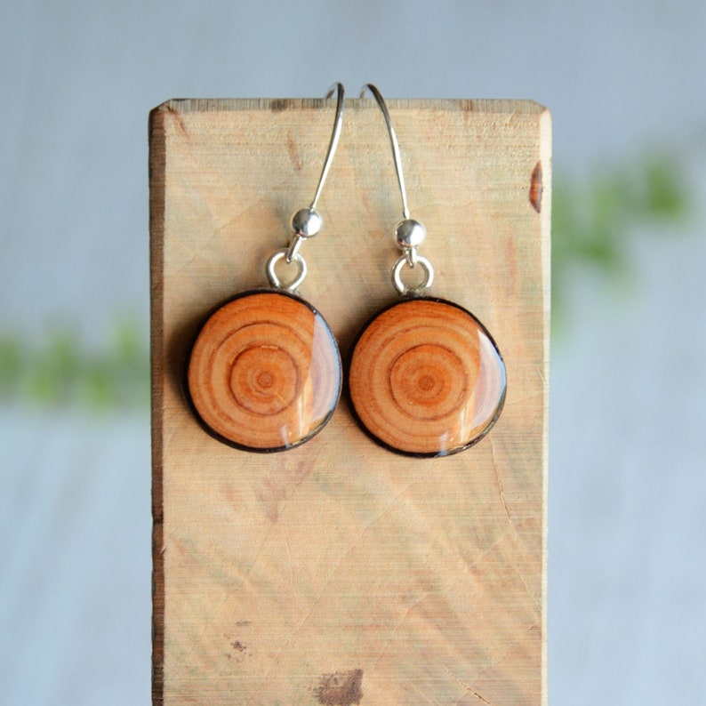 ecofriendly OOAK earrings natural earth tones jewelry handmade from reclaimed wood Minimalist wooden dangle earrings with silver