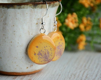 Yellow and purple hand painted earrings, Dangle wooden earrings with sterling silver wires, Gift for her