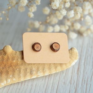 Tiny unisex wood stud earring, Natural minimalist raw jewelry with sterling silver